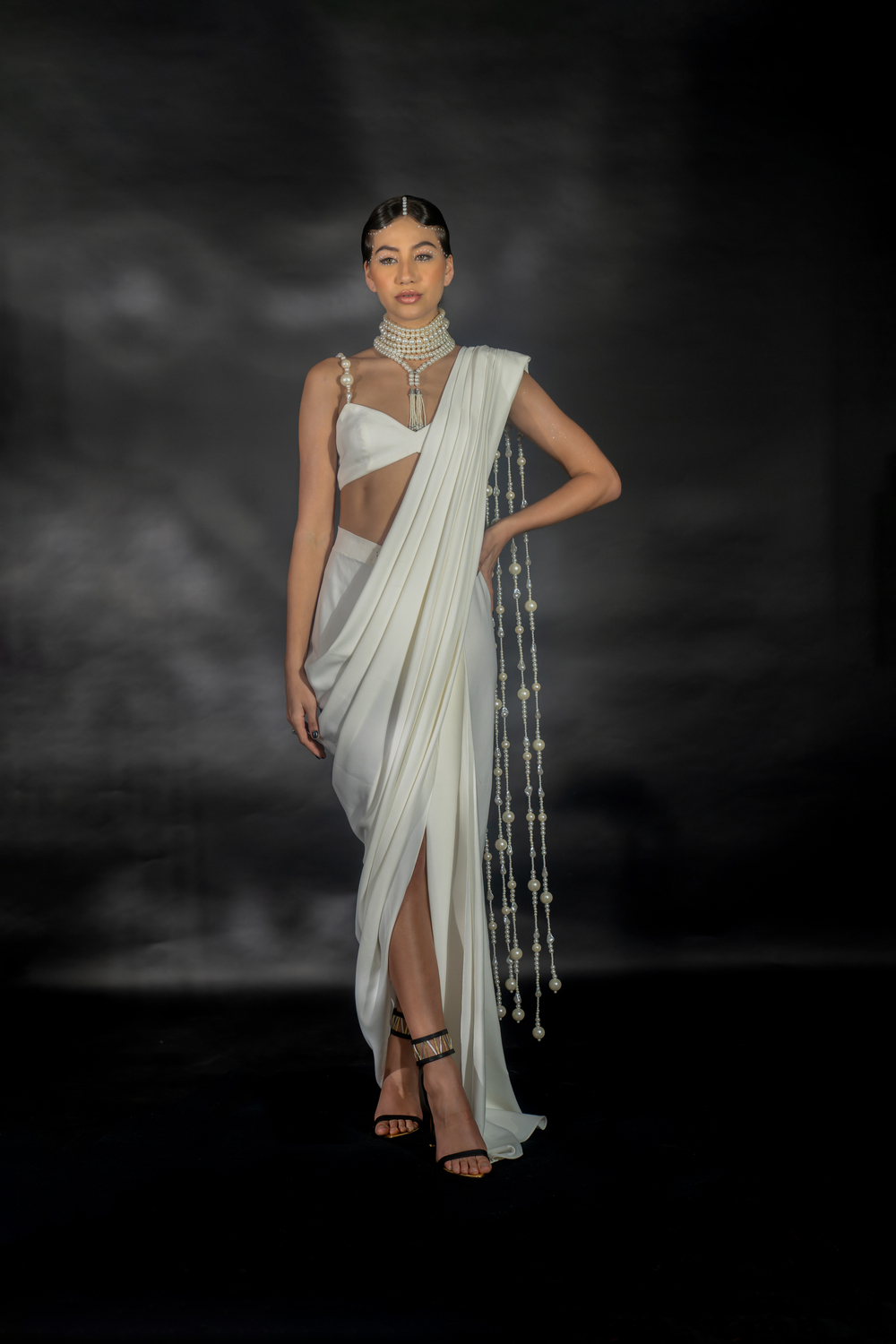 Statement pearl sari by Nikhil Thampi
