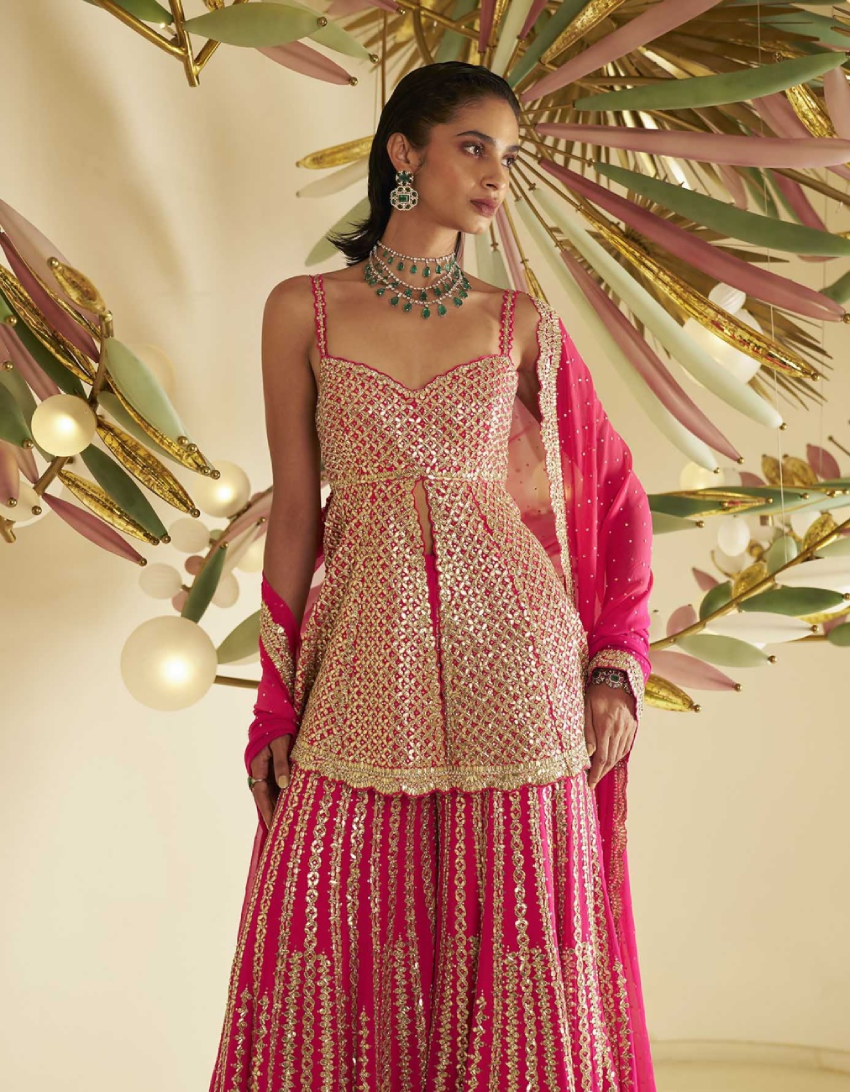 Fuschia Gota Patti embroidered sharara set by Seema Gujral